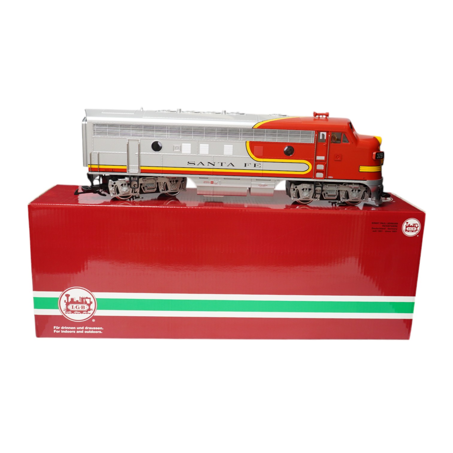 A boxed Lehman LGB (20570) G scale railway Santa Fe Bo-Bo diesel locomotive, 329, in red and silver livery. Condition - good, evidence of very minor running wear only.